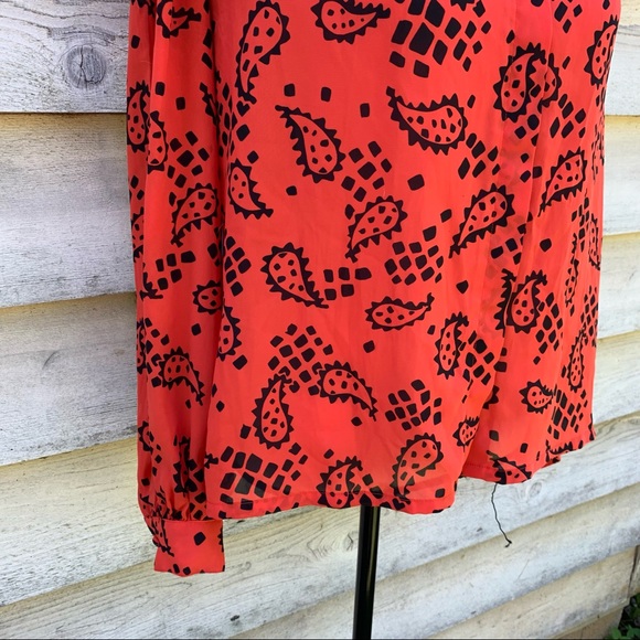 Vintage 80s Orange Block Paisley Print Long Puff Sleeve Button Down Popover Top - Picture 9 of 16